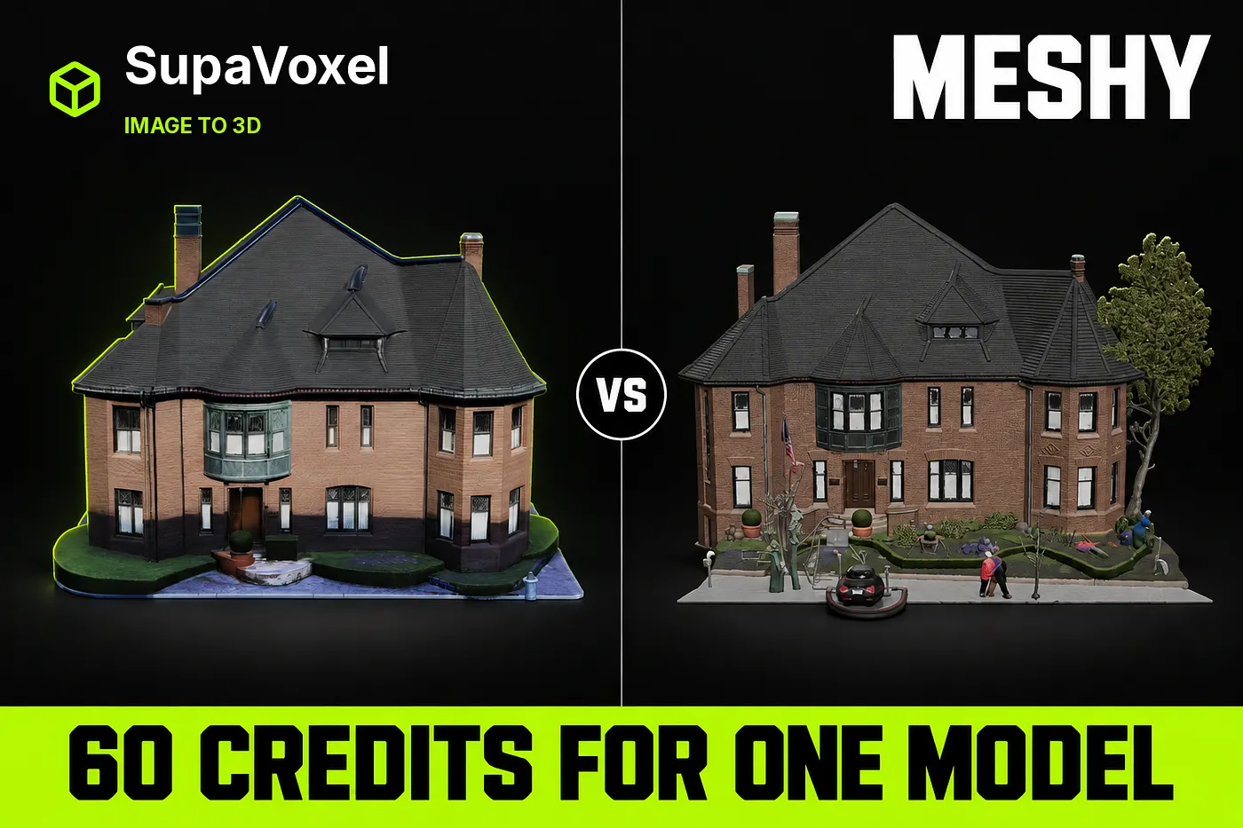 One photo of a brick house through Meshy 7.1 Flagship and through SupaVoxel, same day, same render rig, no…